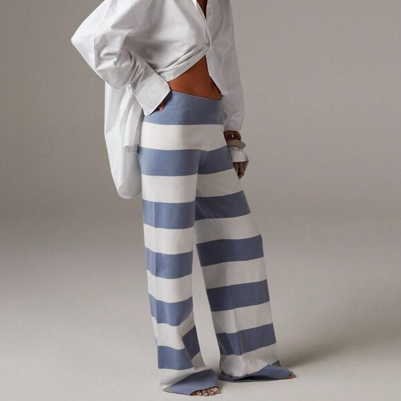 Multicolor Casual Women's Colorblock Striped Wide Leg Knit Pants - Picture 4 of 5